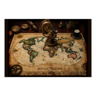 Poster Carte du monde Steampunk Olde