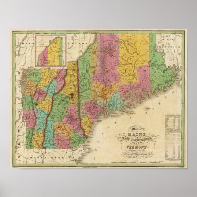 Poster Carte du New Hampshire du Maine et du Vermont (Devant)