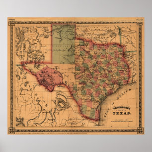 Poster Carte du Texas 1866
