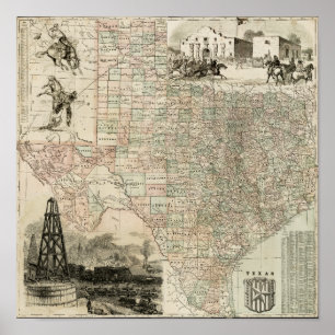 Poster Carte du Texas avec des frontières du comté