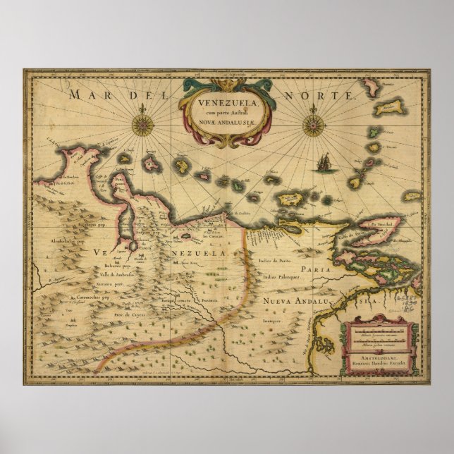Poster Carte du Venezuela par Hendrik Hondius (1630) (Devant)
