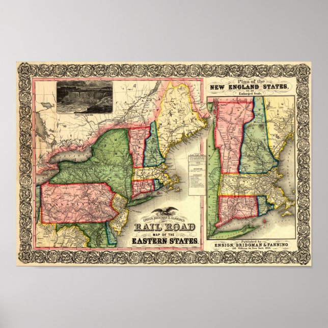 Poster Carte ferroviaire vintage 1856 Nouvelle-Angleterre (Devant)