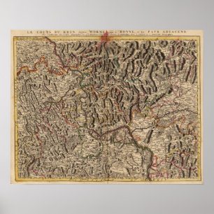 Poster Carte gravée de la vallée du Rhin