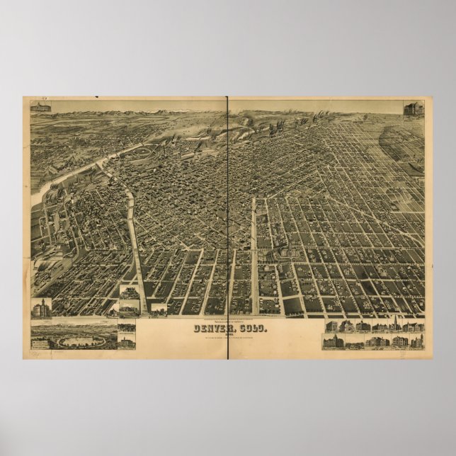 Poster Carte historique de Denver, 1889 (Devant)