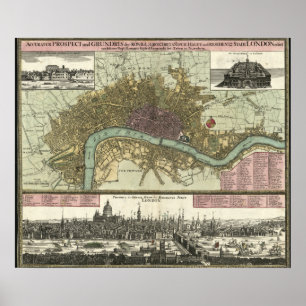 Poster Carte historique de Londres, Angleterre (1740)