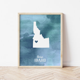 Poster Carte Idaho Aquarelle bleue Imprimer