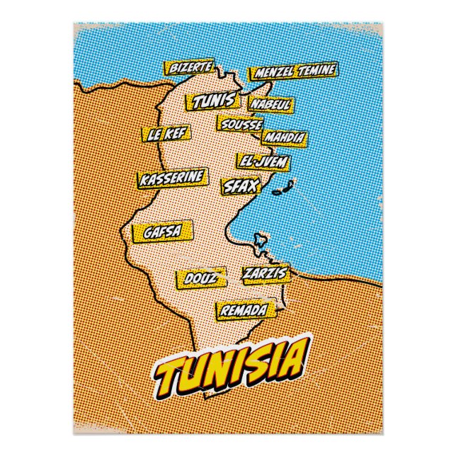Poster Carte illustrée de Tunisie Pop Art (Devant)