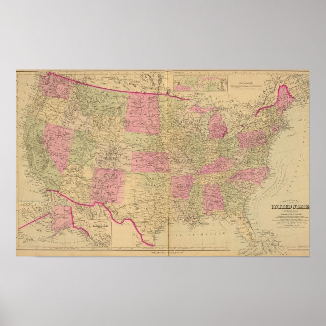 Poster Carte lithographique des États-Unis (Devant)