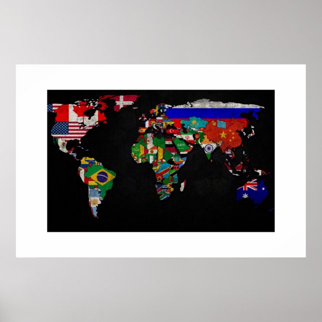 POSTER CARTE MONDIALE COLORÉE AVEC DRAPEAUX (Devant)