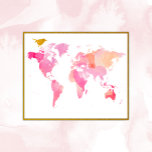 Poster Carte Mondiale D'Aquarelle Rose Et Or<br><div class="desc">Poster de carte du monde rose et or avec une carte du monde en aquarelles roses et un joli oiseau d'or. Parfait pour la petite fille qui aime voyager dans le Monde et en faire son huître.</div>