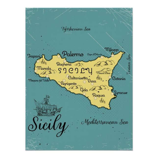 Poster Carte nautique vintage de Sicile (Devant)