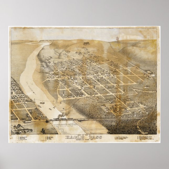 Poster Carte Oiseaux Vue de l'Eagle Pass Texas en 1887 (Devant)