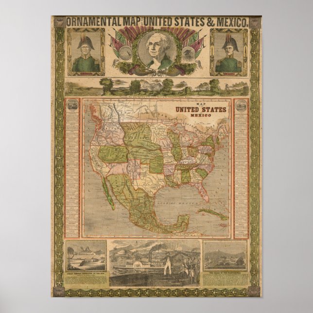 Poster Carte ornementale des États-Unis et du Mexique (Devant)