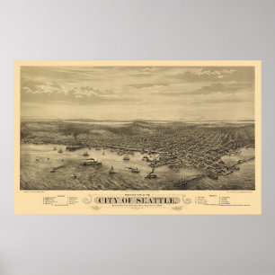 Poster Carte panoramique de Seattle, WA - 1878