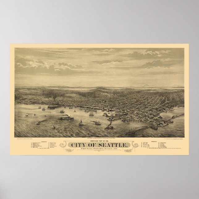 Poster Carte panoramique de Seattle, WA - 1878 (Devant)