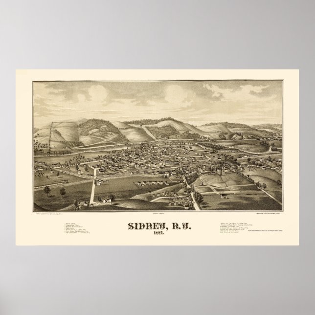 Poster Carte panoramique de Sidney, NY - 1887 (Devant)