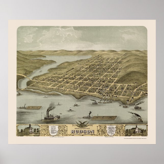 Poster Carte panoramique Hudson, WI - 1870 (Devant)