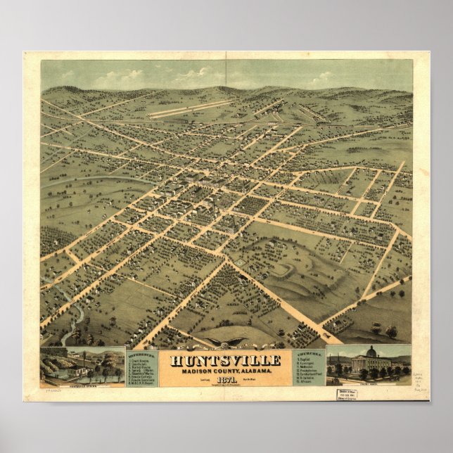 Poster Carte panoramique Huntsville Alabama 1871 (Devant)