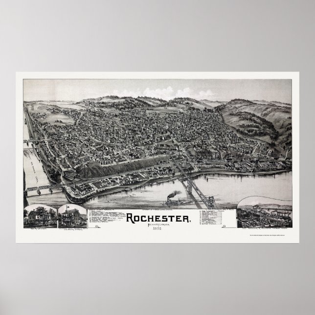 Poster Carte panoramique Rochester, PA - 1900 (Devant)