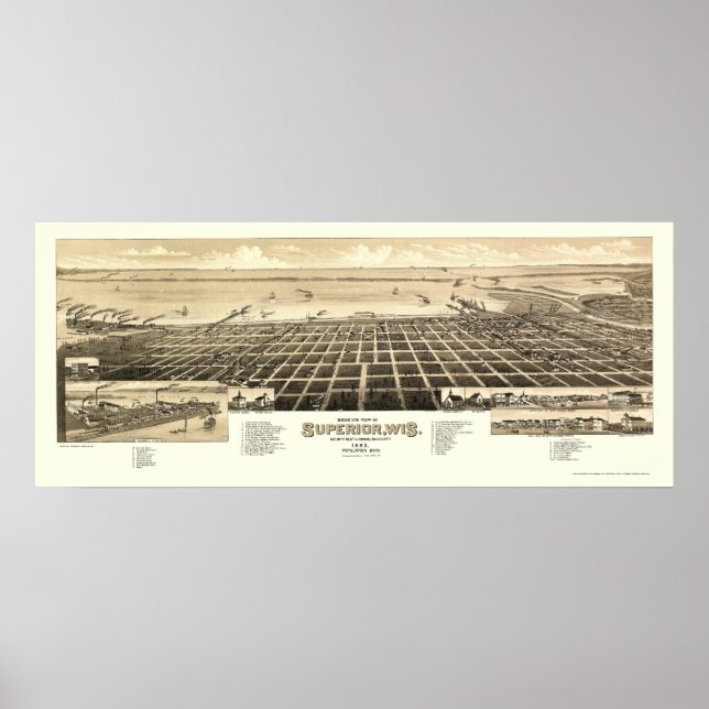 Poster Carte panoramique Superior, WI - 1883 (Devant)