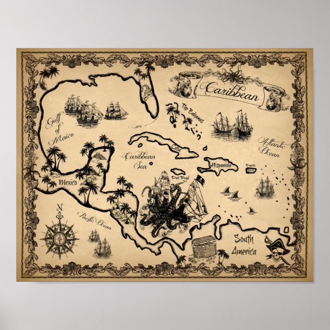 Poster Carte pirate des Caraïbes avec Kraken (Devant)