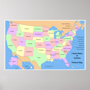 Poster Carte politique des États-Unis d'Amérique