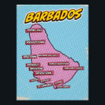 Poster Carte Pop Art Illustrated Barbados<br><div class="desc">Une carte de style pop art de La Barbade avec un arrière - plan bleu vif et un motif pointillé.</div>