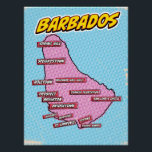 Poster Carte Pop Art Illustrated Barbados<br><div class="desc">Une carte de style pop art de La Barbade avec un arrière - plan bleu vif et un motif pointillé.</div>