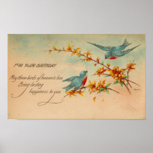 Poster Carte postale vintage d'anniversaire d'oiseaux