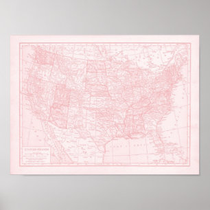 Poster Carte rose des États-Unis d'Amérique