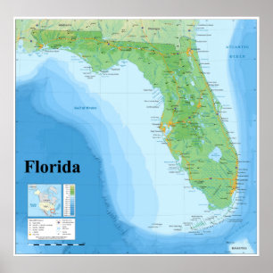 Poster Carte topographique de l'État américain de Floride