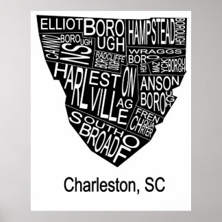 Poster Carte typographique de Charleston Négatif