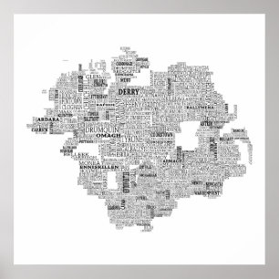 Poster Carte typographique noire de Ulster, Irlande