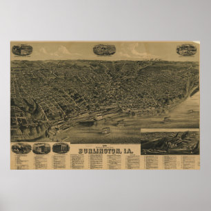 Poster Carte vintage de Burlington Iowa (1889)