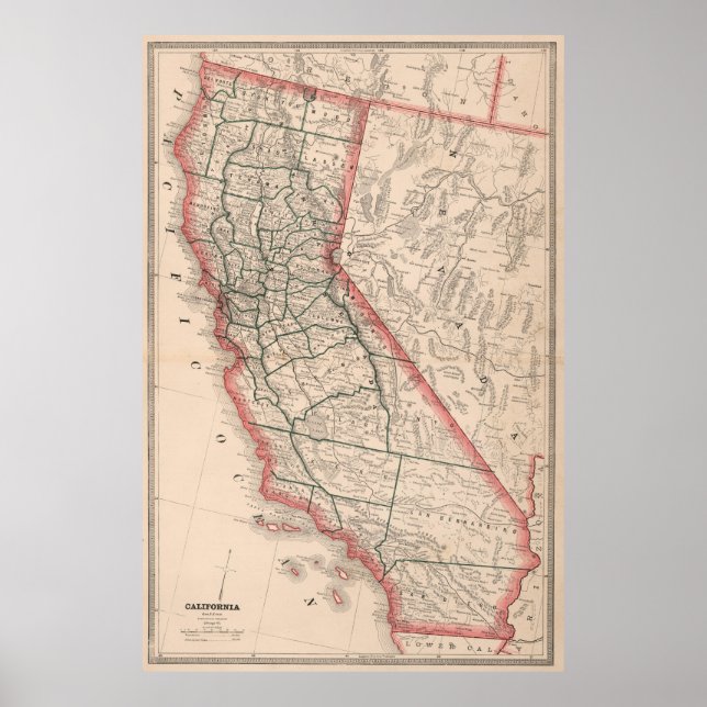 Poster Carte vintage de Californie (1883) (Devant)