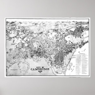Poster Carte vintage de Cambridge Massachusetts (1877) BW