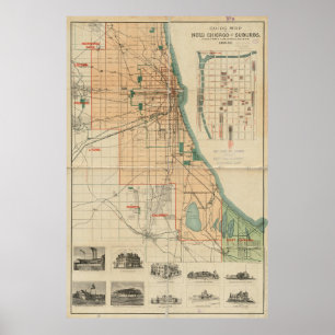 Poster Carte vintage de Chicago l'Illinois (1889)