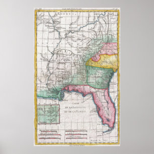 Poster Carte vintage de Floride, Géorgie et les Carolinas
