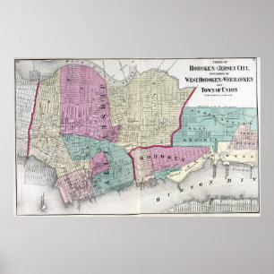 Poster Carte vintage de Jersey City, Hoboken & Weehawken