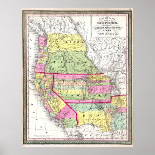 Poster Carte vintage de la Californie occidentale