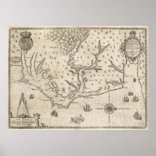 Poster Carte vintage de la Caroline du Nord côtière (1590