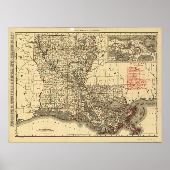 Poster Carte vintage de la Louisiane (1896) (Devant)