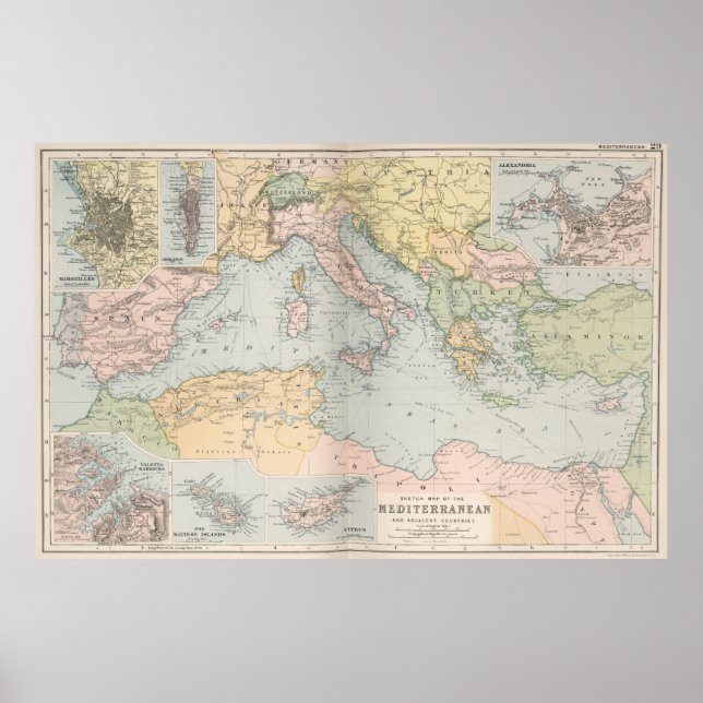 Poster Carte vintage de la mer Méditerranée (1891) (Devant)