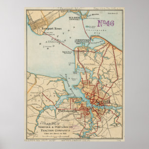 Poster Carte vintage de la Norfolk et de Portsmouth VA