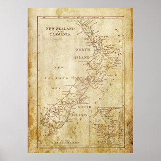 Poster Carte vintage de la Nouvelle-Zélande c1879 Impress