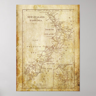 Poster Carte vintage de la Nouvelle-Zélande c1879 Impress