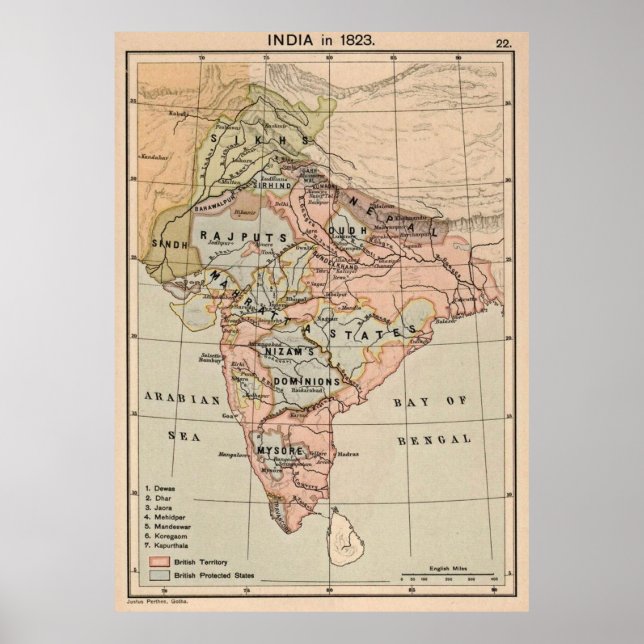 Poster Carte vintage de l'Inde (1823) (Devant)