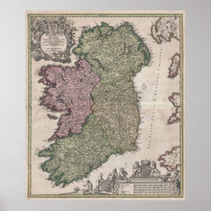 Poster Carte vintage de l'Irlande (1716)