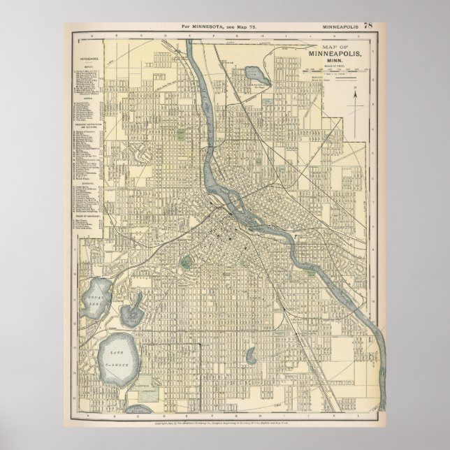 Poster Carte vintage de Minneapolis MN (1891) (Devant)