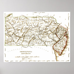 Poster Carte vintage De Pennsylvanie+NJ 1875